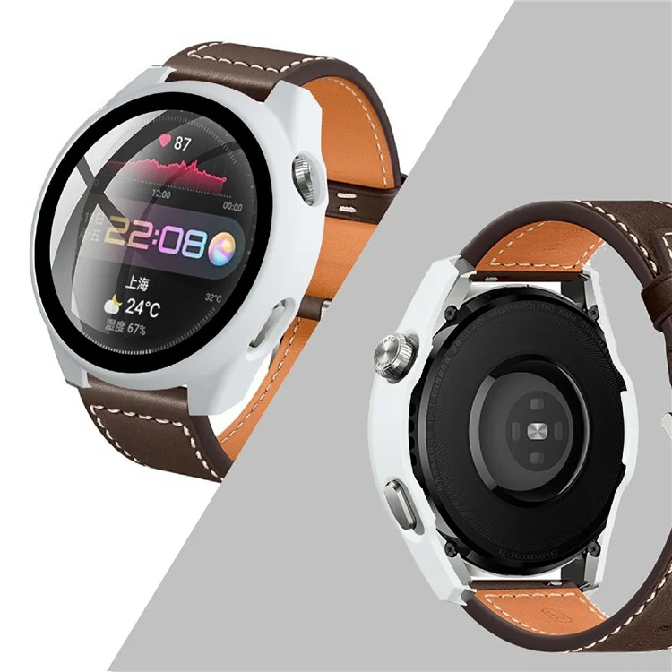 Étui de protection en PC dur avec revêtement antidérapant et résistant aux rayures, avec protecteur d'écran en verre trempé sensible au toucher pour Huawei Watch 3 Pro 48mm - Blanc