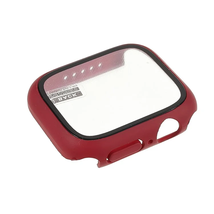 Rubberized Matte PC Watch Case Cover with Tempered Glass Film for Apple Watch Series 9 / 8 / 7 45mm - Wine Red