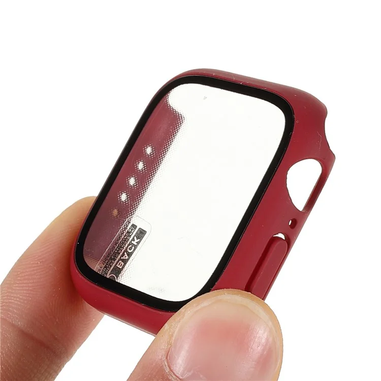 Rubberized Matte PC Watch Case Cover with Tempered Glass Film for Apple Watch Series 9 / 8 / 7 45mm - Wine Red