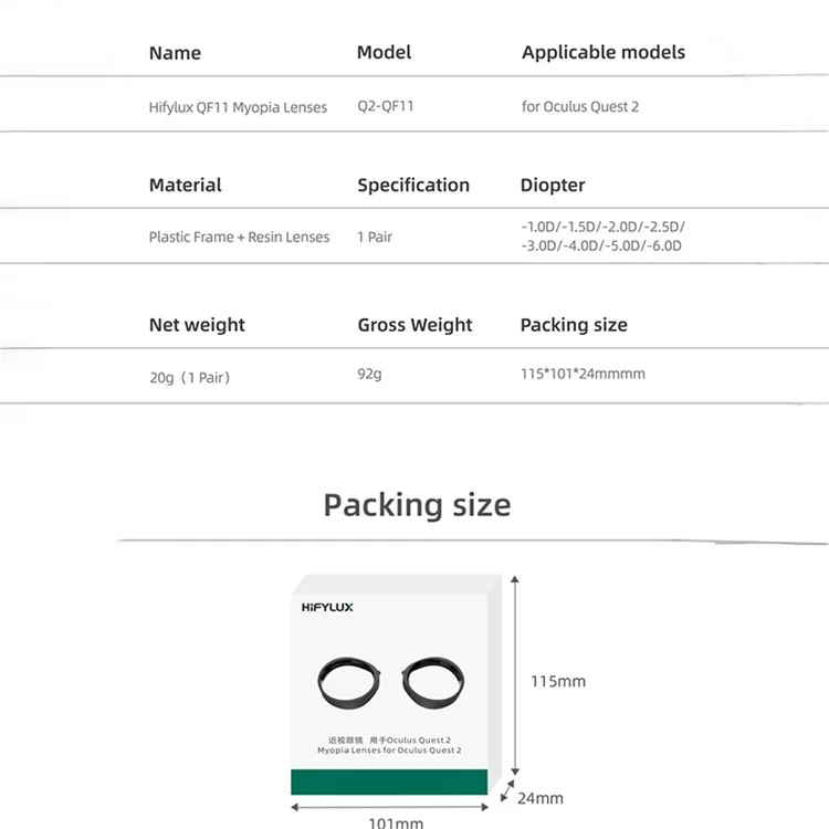 HIFYLUX QF11 1 Pair -6.0D Aspherical Resin Nearsighted Corrective Myopia Lenses Accessories for Oculus Quest 2 VR Glasses
