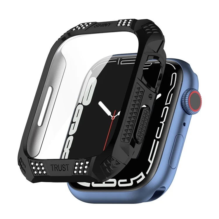Für Apple Watch Serie 7 41mm Strass Rhombus Impressum Galvanisierung HARD PC Case Mit Gehärtetem Glas-Displayschutz - Schwarz
