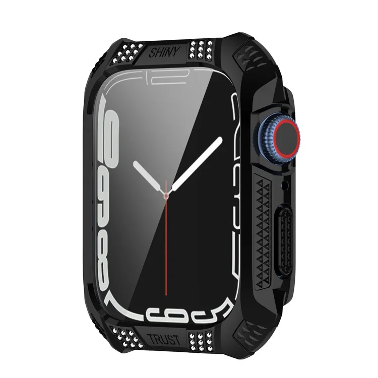 Für Apple Watch Serie 7 41mm Strass Rhombus Impressum Galvanisierung HARD PC Case Mit Gehärtetem Glas-Displayschutz - Schwarz