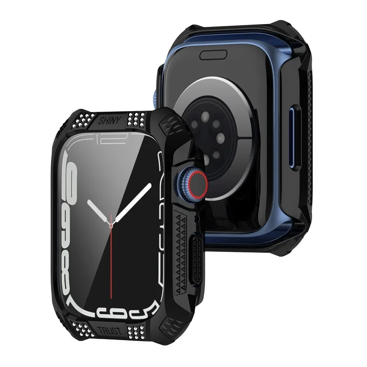 Für Apple Watch Serie 7 41mm Strass Rhombus Impressum Galvanisierung HARD PC Case Mit Gehärtetem Glas-Displayschutz - Schwarz