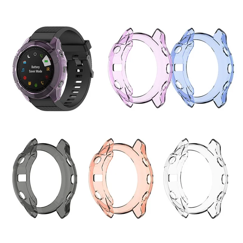 For Garmin Fenix 6X/6X Pro Transparent TPU Anti-aging Anti-drop Smart Watch Protective Frame Case - Pink