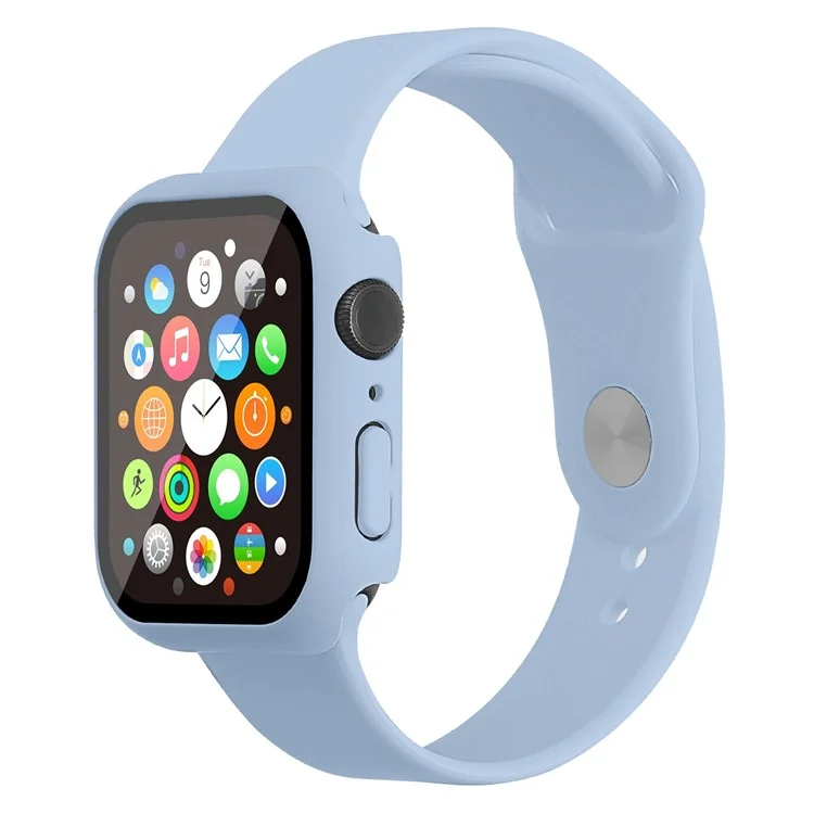For Apple Watch Series 7 41mm Silicone Outdoor Sports Watch Band+Hard PC Case with Built-in Tempered Glass Screen Protector, Size S/M - Sky Blue