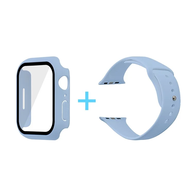 For Apple Watch Series 7 41mm Silicone Outdoor Sports Watch Band+Hard PC Case with Built-in Tempered Glass Screen Protector, Size S/M - Sky Blue
