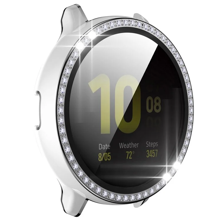 Для Samsung Galaxy Watch Active2 44 мм двухцветный футляр из поликарбоната с декоративными стразами и закаленным стеклянным экраном - белый/серебристый