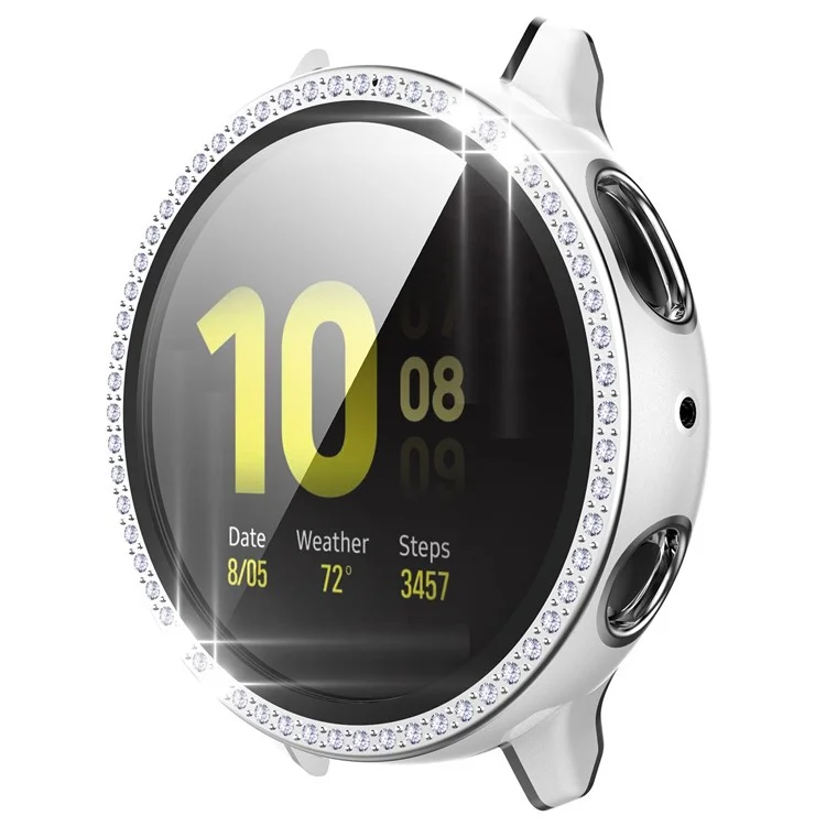 Для Samsung Galaxy Watch Active2 44 мм двухцветный футляр из поликарбоната с декоративными стразами и закаленным стеклянным экраном - белый/серебристый