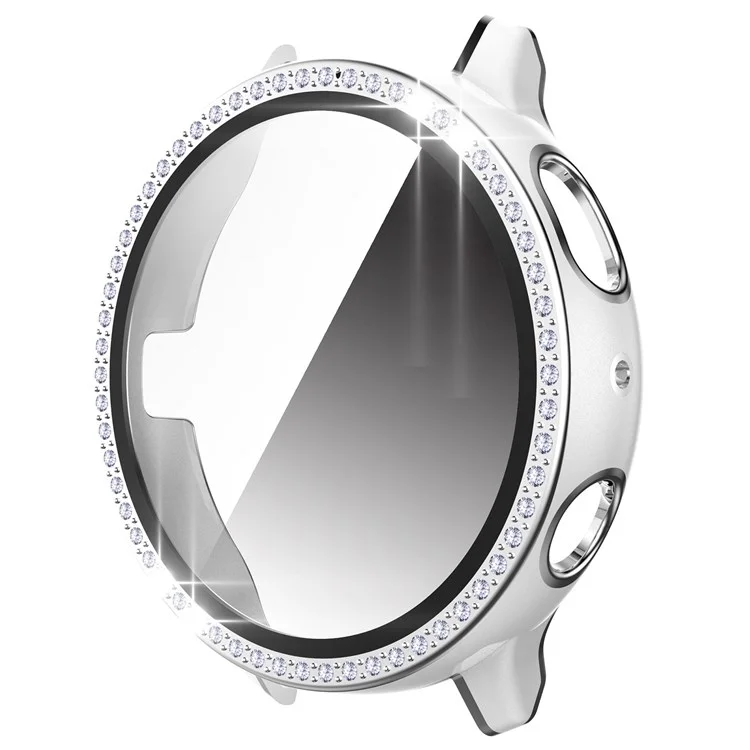 Для Samsung Galaxy Watch Active2 44 мм двухцветный футляр из поликарбоната с декоративными стразами и закаленным стеклянным экраном - белый/серебристый