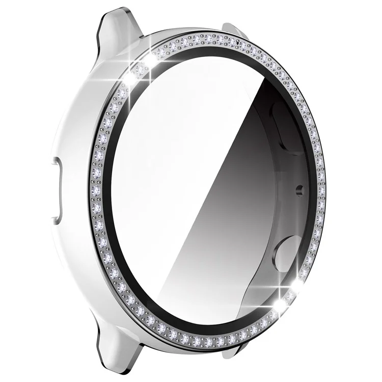 Для Samsung Galaxy Watch Active2 44 мм двухцветный футляр из поликарбоната с декоративными стразами и закаленным стеклянным экраном - белый/серебристый