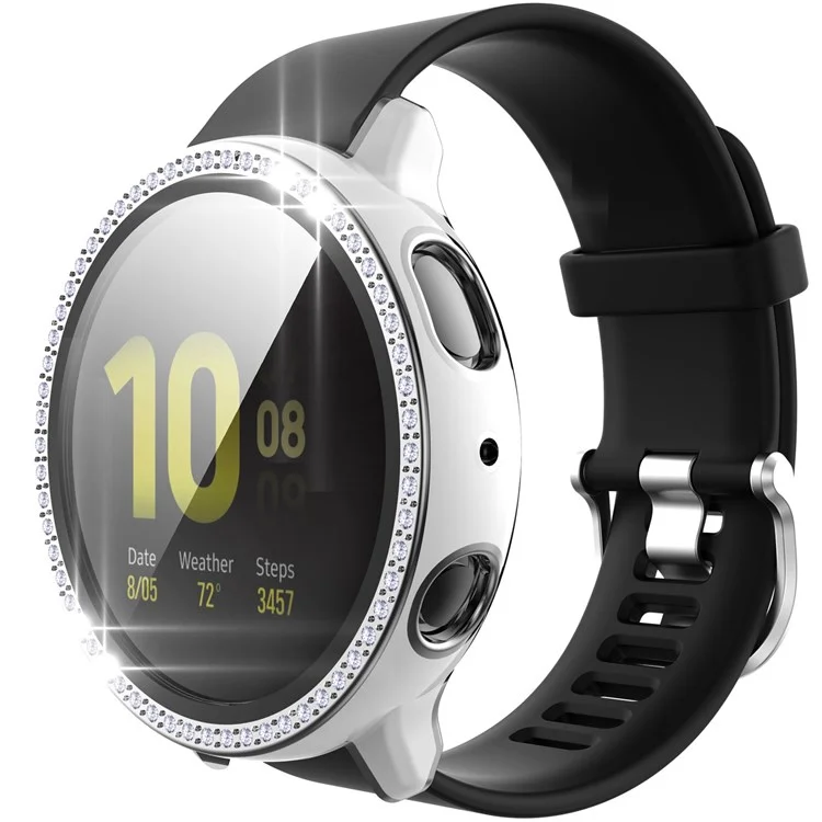 Для Samsung Galaxy Watch Active2 44 мм двухцветный футляр из поликарбоната с декоративными стразами и закаленным стеклянным экраном - белый/серебристый