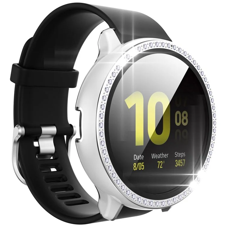 Для Samsung Galaxy Watch Active2 44 мм двухцветный футляр из поликарбоната с декоративными стразами и закаленным стеклянным экраном - белый/серебристый