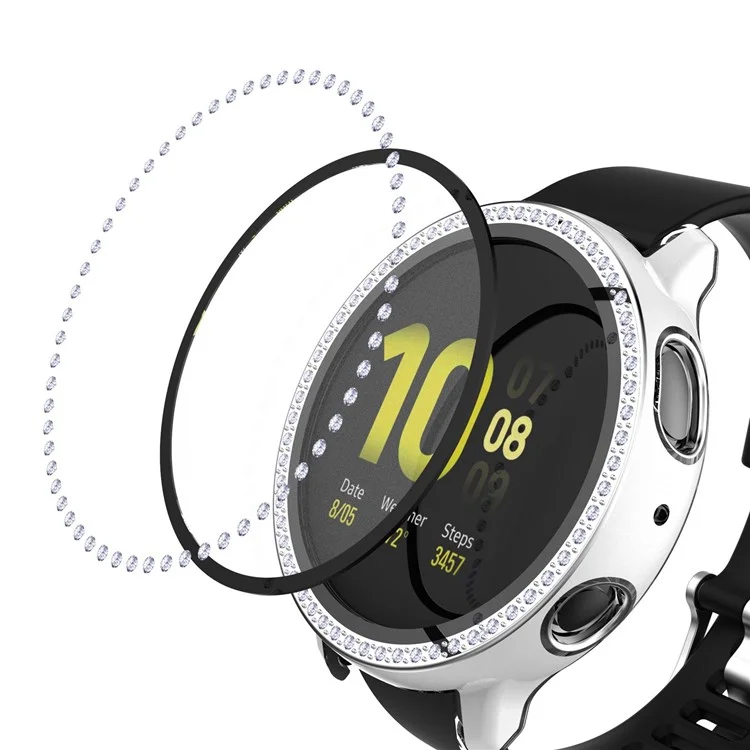 Для Samsung Galaxy Watch Active2 44 мм двухцветный футляр из поликарбоната с декоративными стразами и закаленным стеклянным экраном - белый/серебристый