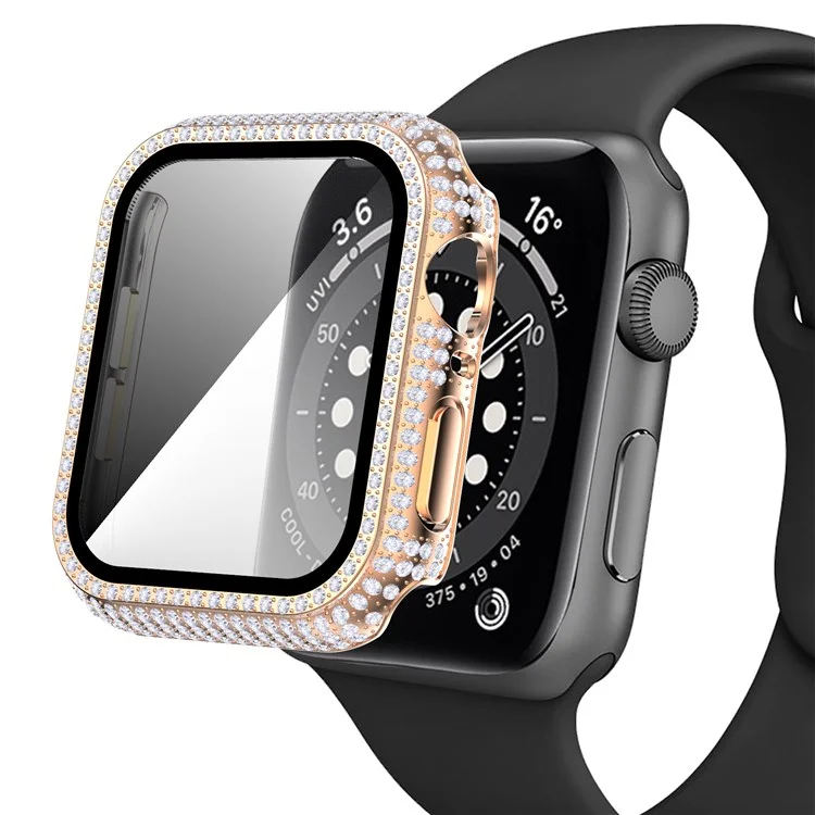 For Apple Watch Series 4 / 5 / 6 44mm / SE 44mm / SE (2022) 44mm Well-protected Anti-scratch Rhinestone Decorated PC Watch Case with Tempered Glass Screen Protector - Rose Gold