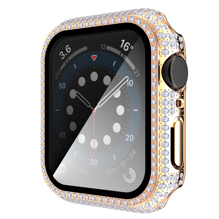 For Apple Watch Series 4 / 5 / 6 44mm / SE 44mm / SE (2022) 44mm Well-protected Anti-scratch Rhinestone Decorated PC Watch Case with Tempered Glass Screen Protector - Rose Gold