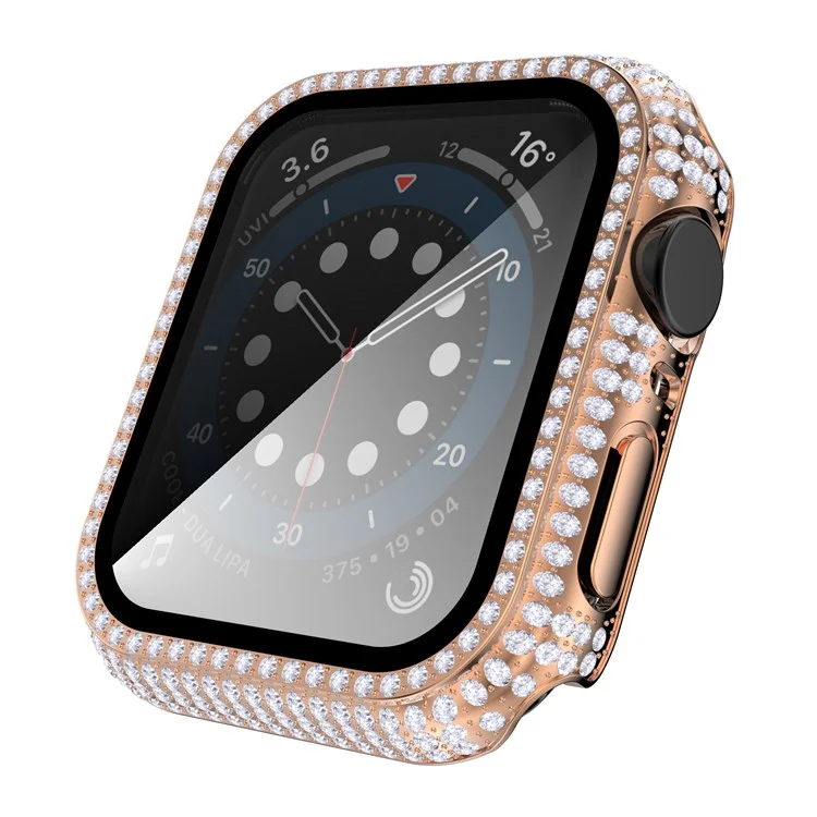 For Apple Watch Series 4 / 5 / 6 44mm / SE 44mm / SE (2022) 44mm Well-protected Anti-scratch Rhinestone Decorated PC Watch Case with Tempered Glass Screen Protector - Rose Gold