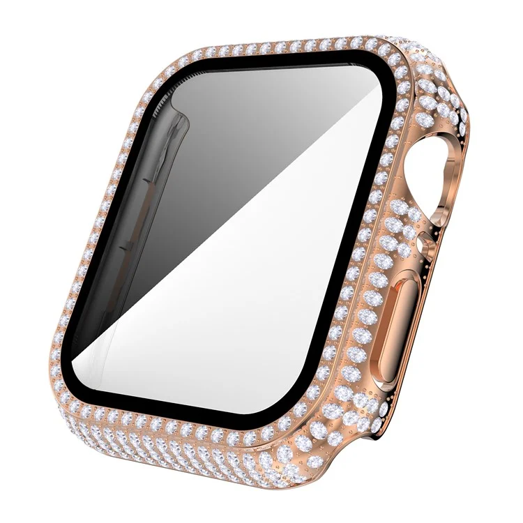 For Apple Watch Series 4 / 5 / 6 44mm / SE 44mm / SE (2022) 44mm Well-protected Anti-scratch Rhinestone Decorated PC Watch Case with Tempered Glass Screen Protector - Rose Gold