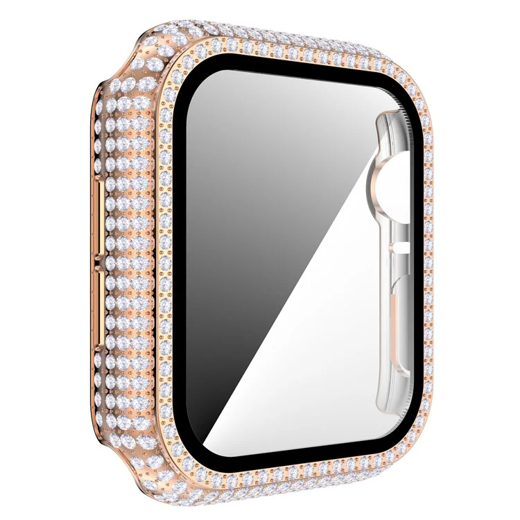 For Apple Watch Series 4 / 5 / 6 44mm / SE 44mm / SE (2022) 44mm Well-protected Anti-scratch Rhinestone Decorated PC Watch Case with Tempered Glass Screen Protector - Rose Gold