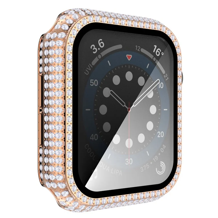 For Apple Watch Series 4 / 5 / 6 44mm / SE 44mm / SE (2022) 44mm Well-protected Anti-scratch Rhinestone Decorated PC Watch Case with Tempered Glass Screen Protector - Rose Gold