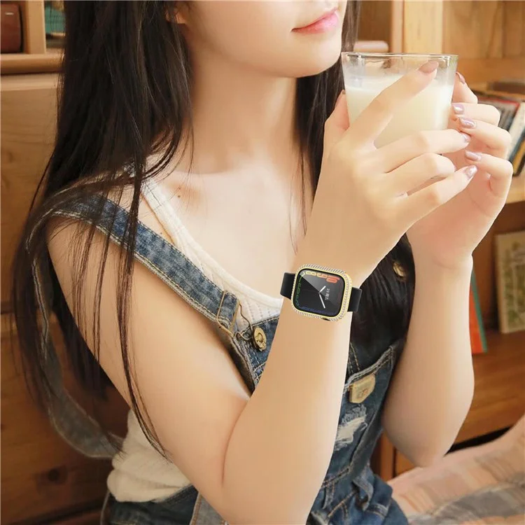 Per Apple Watch Series 9 / 8 / 7 41mm Custodia in PC decorata con cristalli Rhinestone con protezione dello schermo in vetro temperato anti-graffio - Oro