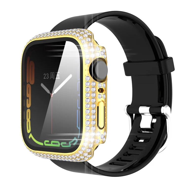 Per Apple Watch Series 9 / 8 / 7 41mm Custodia in PC decorata con cristalli Rhinestone con protezione dello schermo in vetro temperato anti-graffio - Oro