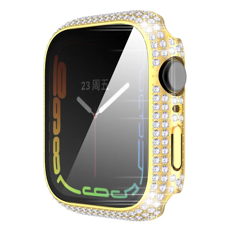Per Apple Watch Series 9 / 8 / 7 41mm Custodia in PC decorata con cristalli Rhinestone con protezione dello schermo in vetro temperato anti-graffio - Oro