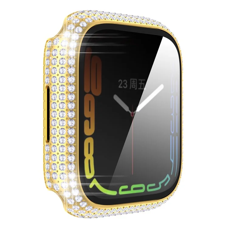 Per Apple Watch Series 9 / 8 / 7 41mm Custodia in PC decorata con cristalli Rhinestone con protezione dello schermo in vetro temperato anti-graffio - Oro