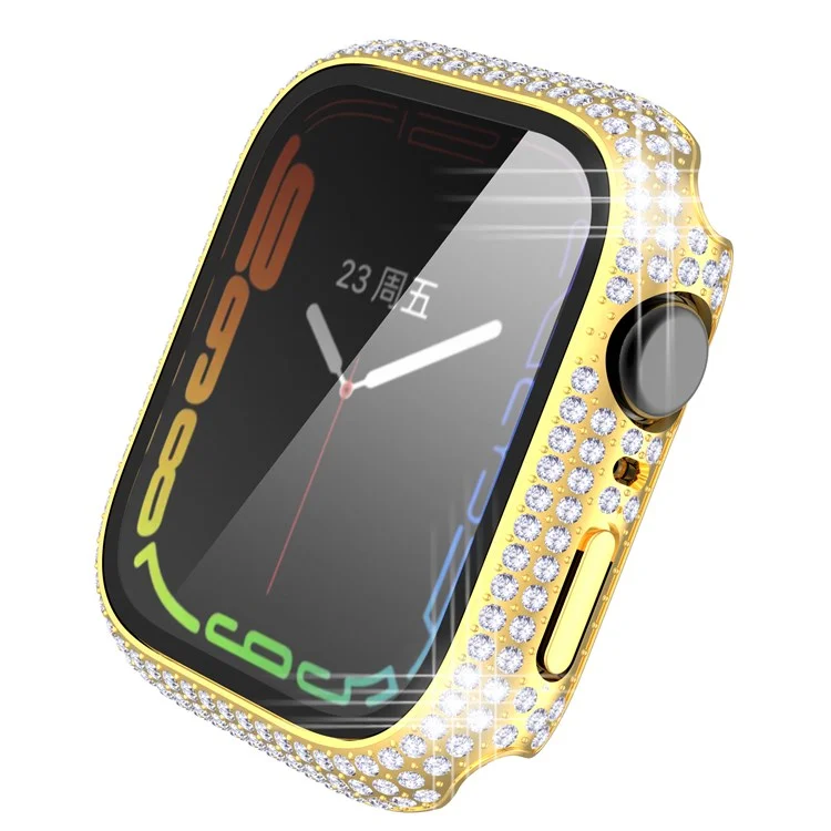 Per Apple Watch Series 9 / 8 / 7 41mm Custodia in PC decorata con cristalli Rhinestone con protezione dello schermo in vetro temperato anti-graffio - Oro