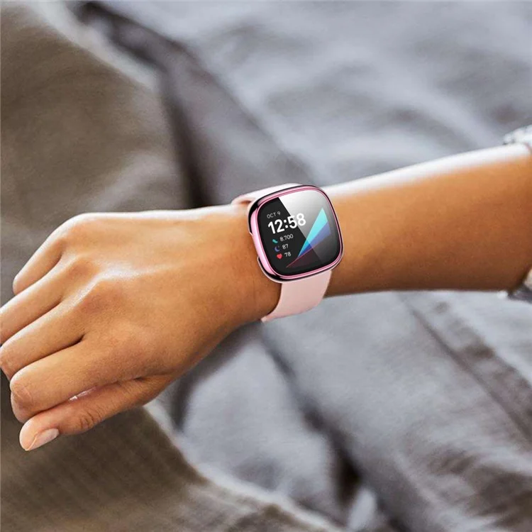 Per Fitbit Versa 3/Sense Custodia rigida in PC placcato e protezione dello schermo in vetro temperato antigraffio - Smartwatch Case - Rosa