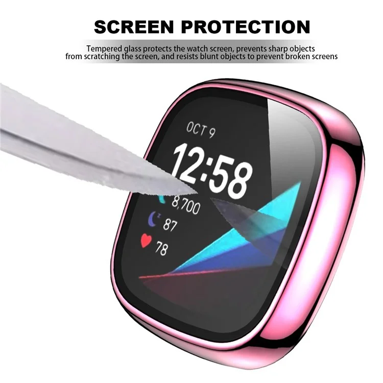 Per Fitbit Versa 3/Sense Custodia rigida in PC placcato e protezione dello schermo in vetro temperato antigraffio - Smartwatch Case - Rosa