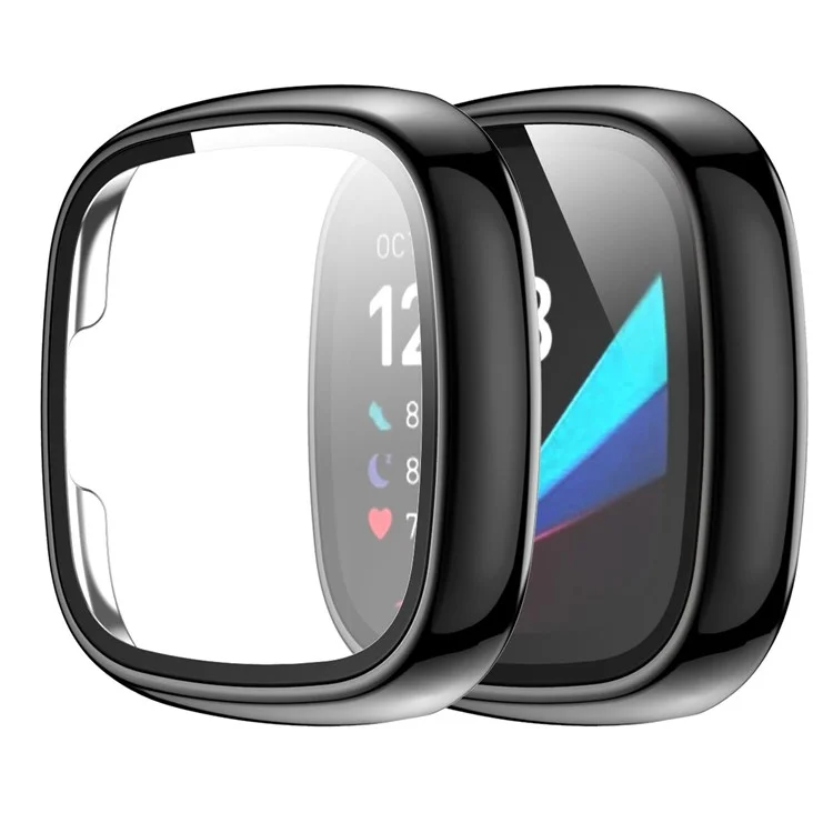 Para Fitbit Versa 3/Sense Electroplating Hard PC Case com Protetor de Tela de Vidro Temperado Resistente a Riscos Case de Relógio Inteligente - Preto