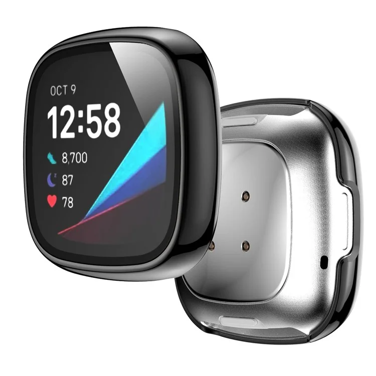 Para Fitbit Versa 3/Sense Electroplating Hard PC Case com Protetor de Tela de Vidro Temperado Resistente a Riscos Case de Relógio Inteligente - Preto