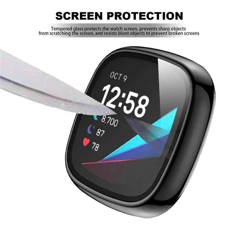 Para Fitbit Versa 3/Sense Electroplating Hard PC Case com Protetor de Tela de Vidro Temperado Resistente a Riscos Case de Relógio Inteligente - Preto