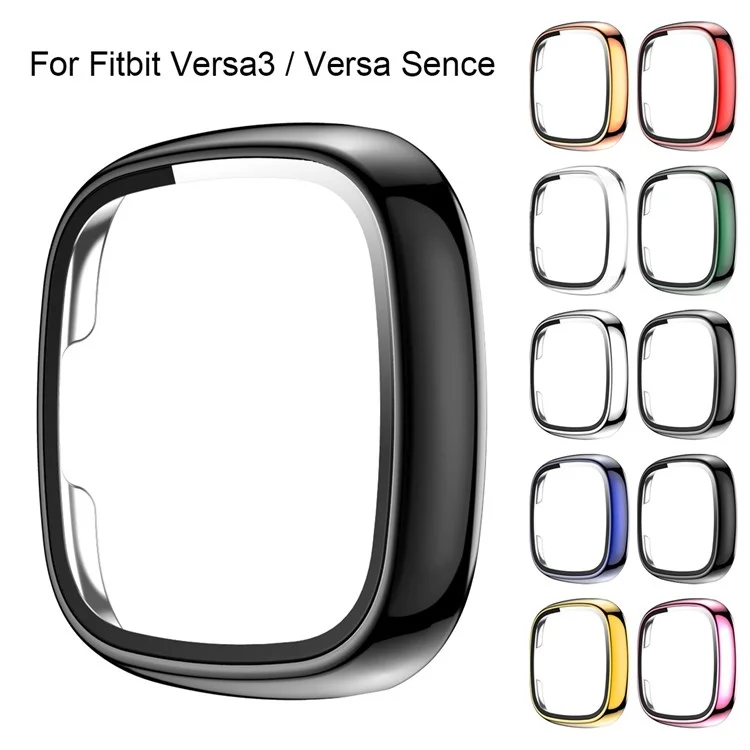 Para Fitbit Versa 3/Sense Electroplating Hard PC Case com Protetor de Tela de Vidro Temperado Resistente a Riscos Case de Relógio Inteligente - Preto