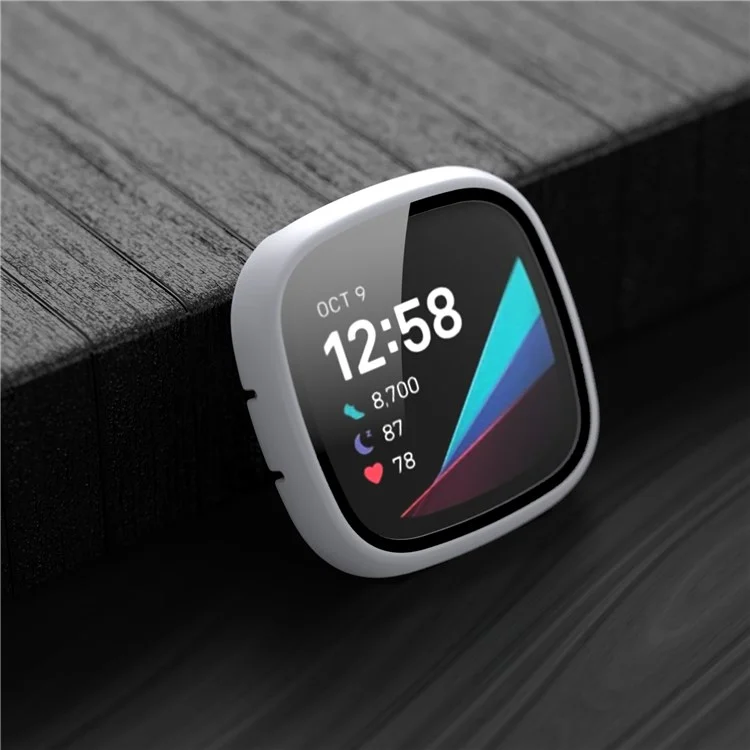 For Fitbit Versa 3/Sense Anti-Scratch Matte Hard PC Case with Tempered Glass Screen Protector Wear-Resistant Smart Watch Cover - White