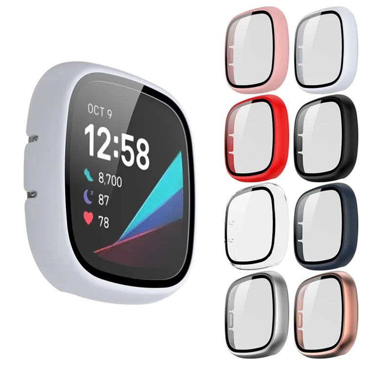 For Fitbit Versa 3/Sense Anti-Scratch Matte Hard PC Case with Tempered Glass Screen Protector Wear-Resistant Smart Watch Cover - White