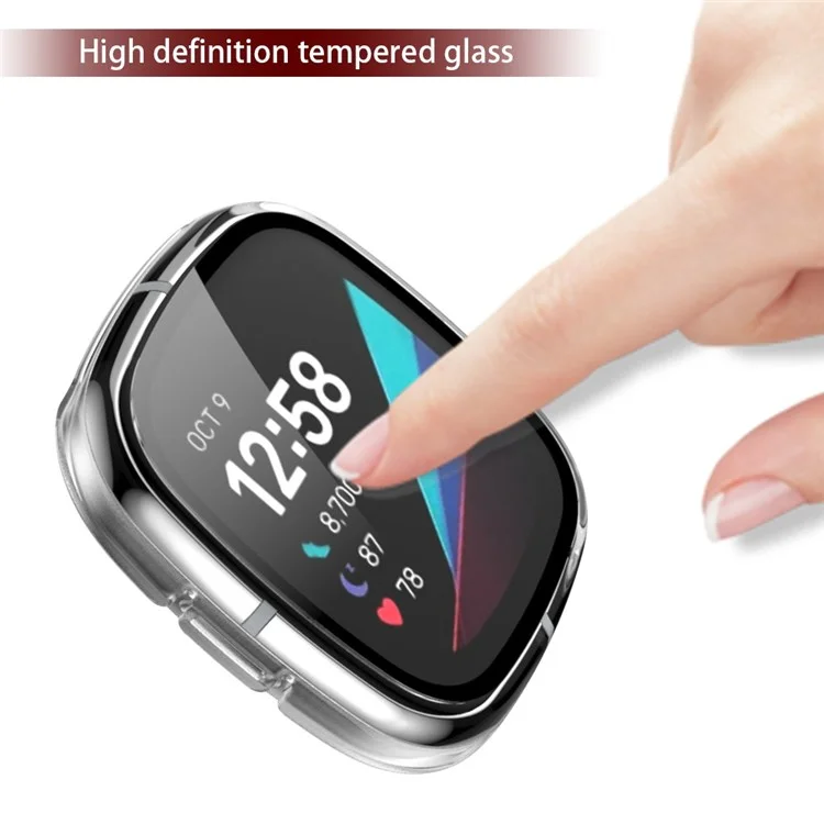 For Fitbit Versa 3/Sense Anti-Scratch Matte Hard PC Case with Tempered Glass Screen Protector Wear-Resistant Smart Watch Cover - Transparent