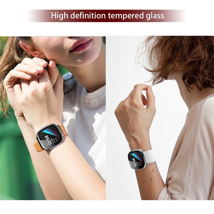For Fitbit Versa 3/Sense Anti-Scratch Matte Hard PC Case with Tempered Glass Screen Protector Wear-Resistant Smart Watch Cover - Transparent