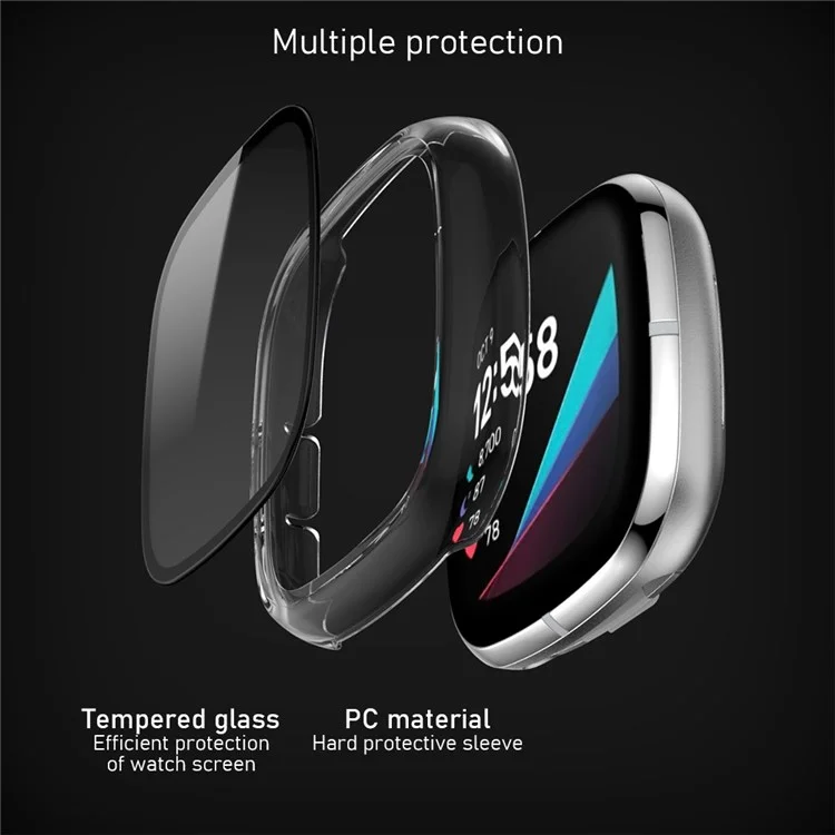 For Fitbit Versa 3/Sense Anti-Scratch Matte Hard PC Case with Tempered Glass Screen Protector Wear-Resistant Smart Watch Cover - Transparent