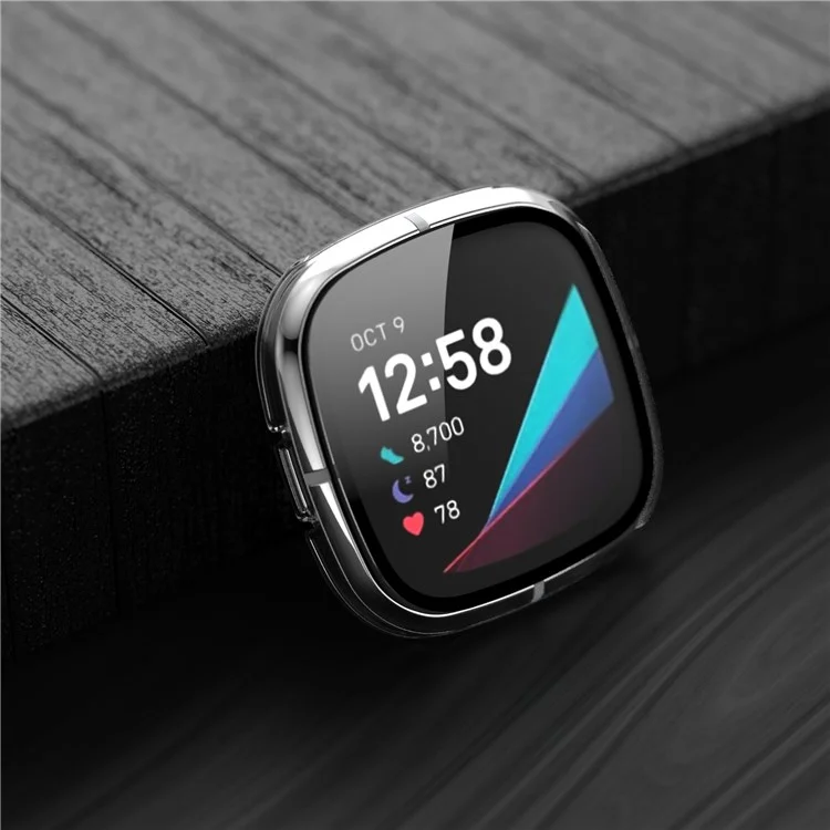 For Fitbit Versa 3/Sense Anti-Scratch Matte Hard PC Case with Tempered Glass Screen Protector Wear-Resistant Smart Watch Cover - Transparent
