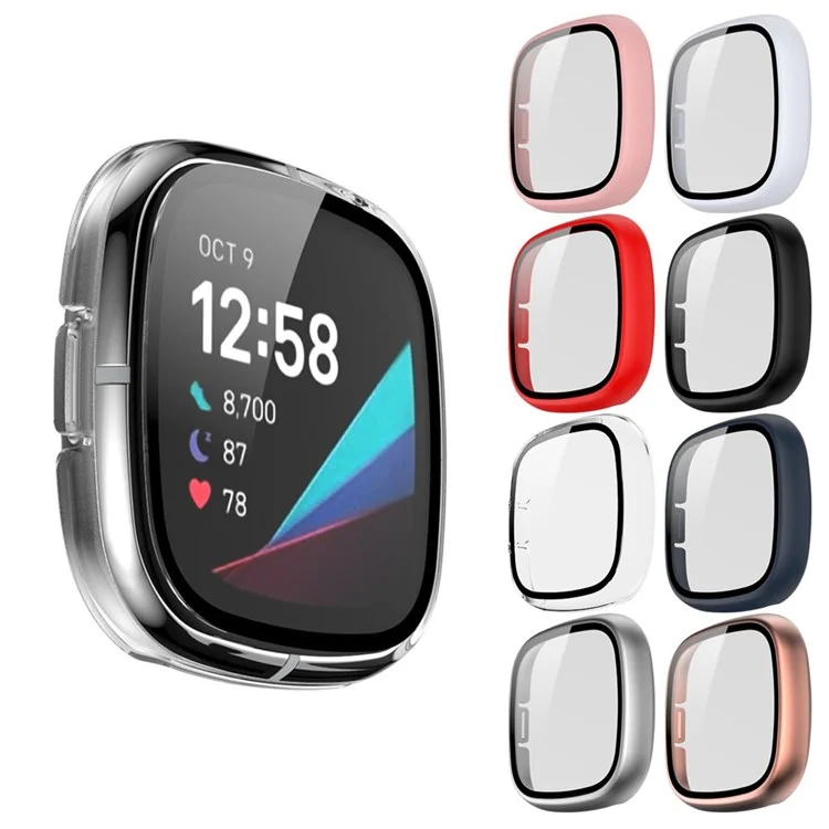 For Fitbit Versa 3/Sense Anti-Scratch Matte Hard PC Case with Tempered Glass Screen Protector Wear-Resistant Smart Watch Cover - Transparent