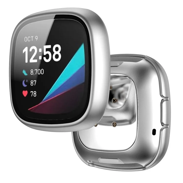 For Fitbit Versa 3/Sense Anti-Scratch Matte Hard PC Case with Tempered Glass Screen Protector Wear-Resistant Smart Watch Cover - Silver