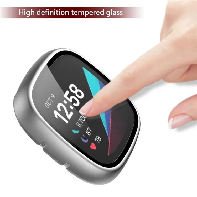 For Fitbit Versa 3/Sense Anti-Scratch Matte Hard PC Case with Tempered Glass Screen Protector Wear-Resistant Smart Watch Cover - Silver
