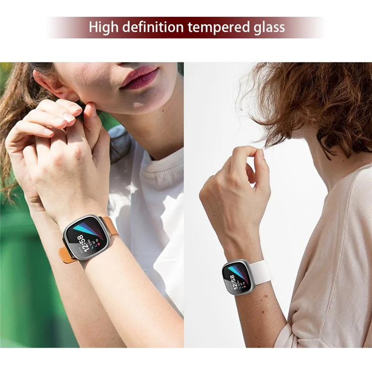 For Fitbit Versa 3/Sense Anti-Scratch Matte Hard PC Case with Tempered Glass Screen Protector Wear-Resistant Smart Watch Cover - Silver