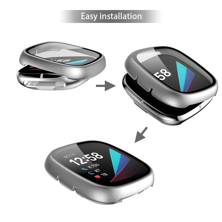 For Fitbit Versa 3/Sense Anti-Scratch Matte Hard PC Case with Tempered Glass Screen Protector Wear-Resistant Smart Watch Cover - Silver