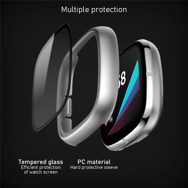 For Fitbit Versa 3/Sense Anti-Scratch Matte Hard PC Case with Tempered Glass Screen Protector Wear-Resistant Smart Watch Cover - Silver