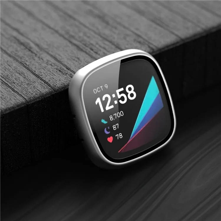 For Fitbit Versa 3/Sense Anti-Scratch Matte Hard PC Case with Tempered Glass Screen Protector Wear-Resistant Smart Watch Cover - Silver
