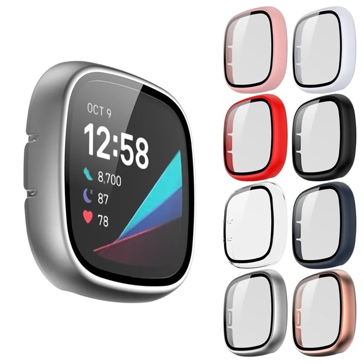 For Fitbit Versa 3/Sense Anti-Scratch Matte Hard PC Case with Tempered Glass Screen Protector Wear-Resistant Smart Watch Cover - Silver