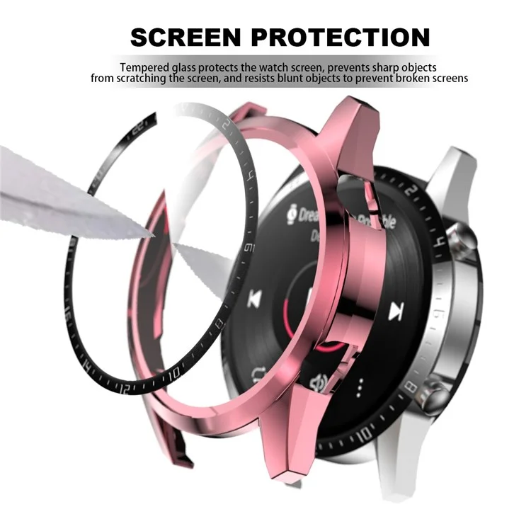 Para Huawei Watch GT 2 46mm Stylish Electroplating PC Watch Cover Case com Protetor de Tela de Vidro Temperado com Placa de Discagem - Rosa