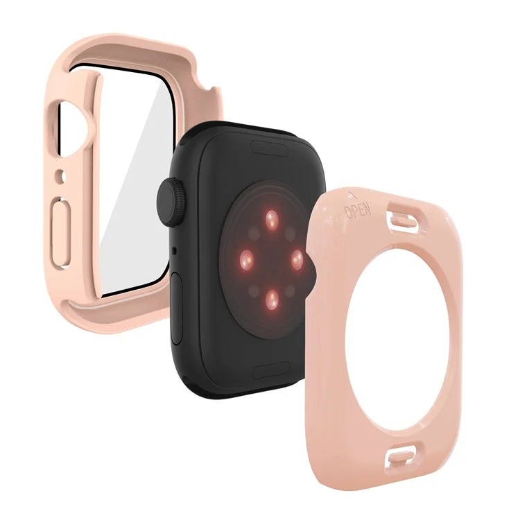 For Apple Watch Series 9 / 8 / 7 41mm Tempered Glass Film Waterproof PC Watch Case with Back Cover - Pink